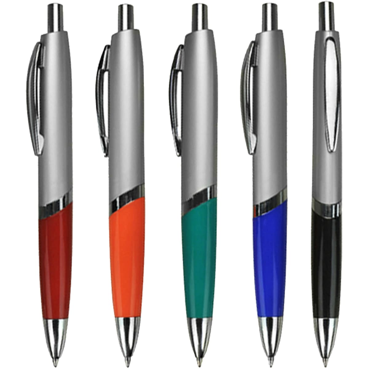 A selection of five plastic pens in red, orange, teal, blue, and black, featuring silver accents and a branding logo.