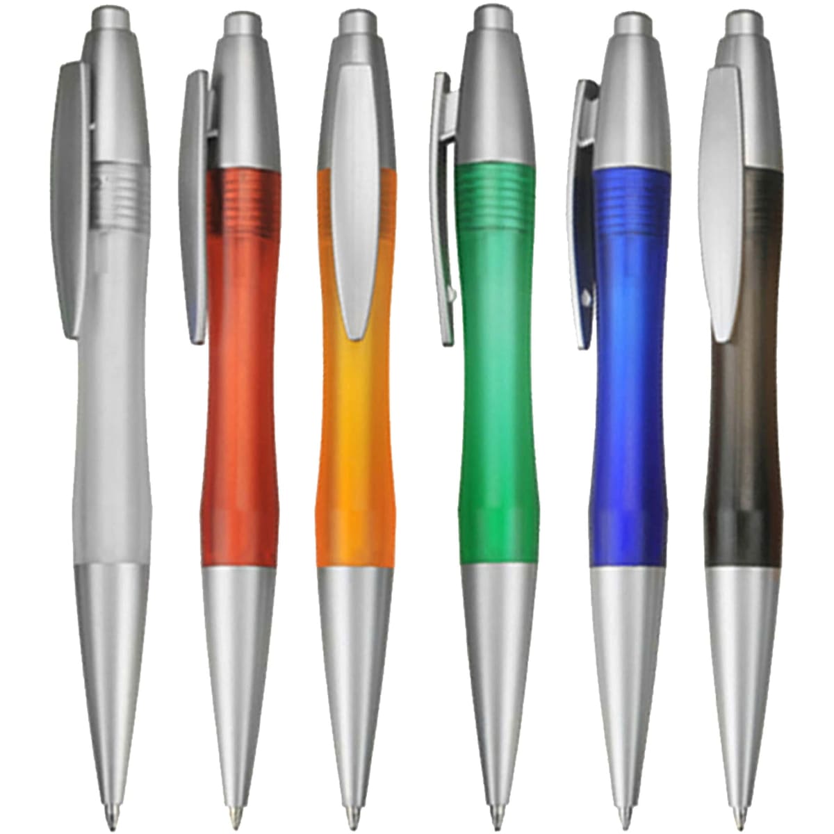 A selection of six plastic pens in silver, orange, green, blue, and brown with silver accents and clips.