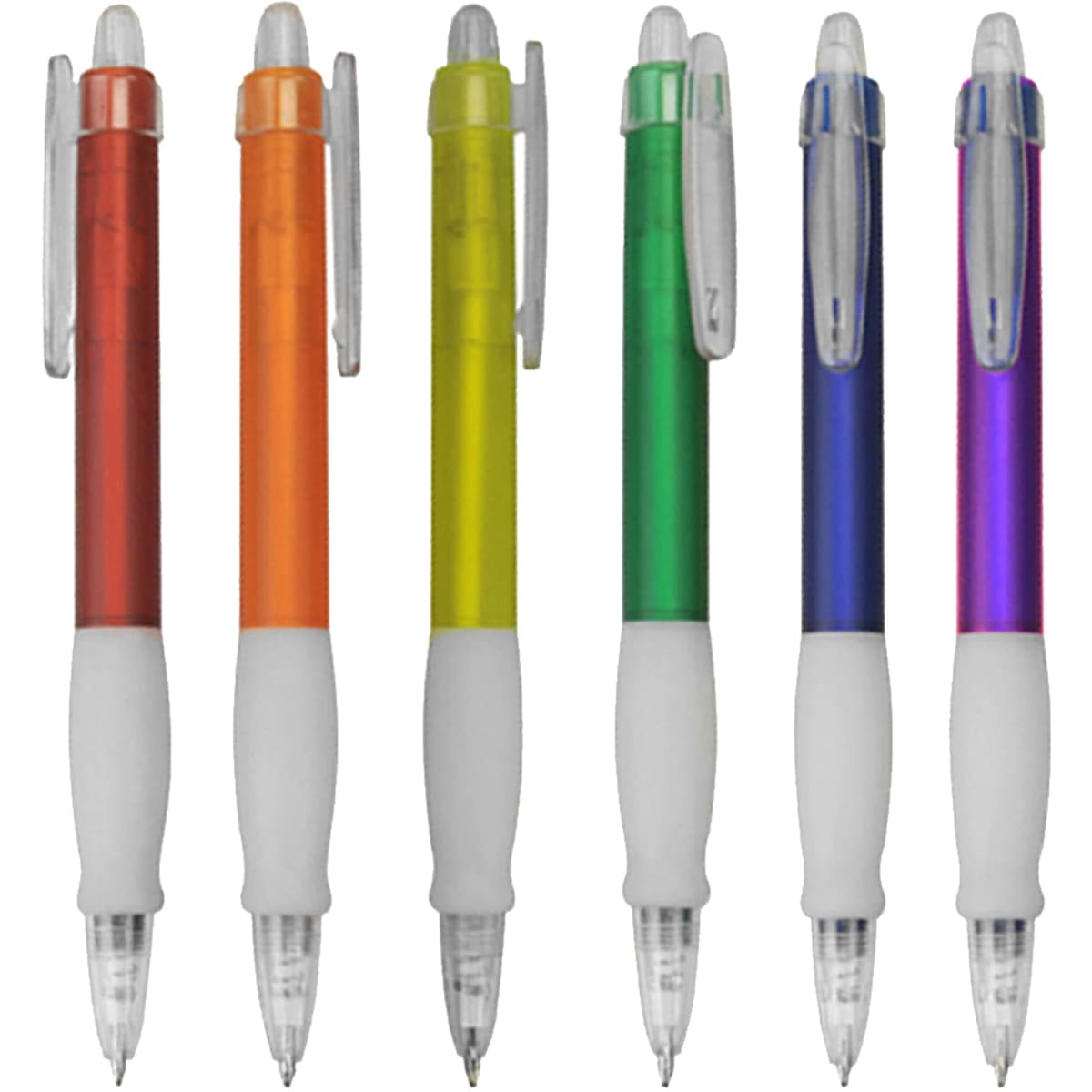 A collection of plastic pens in orange, yellow, green, and purple with white grips and transparent tops, featuring a logo.