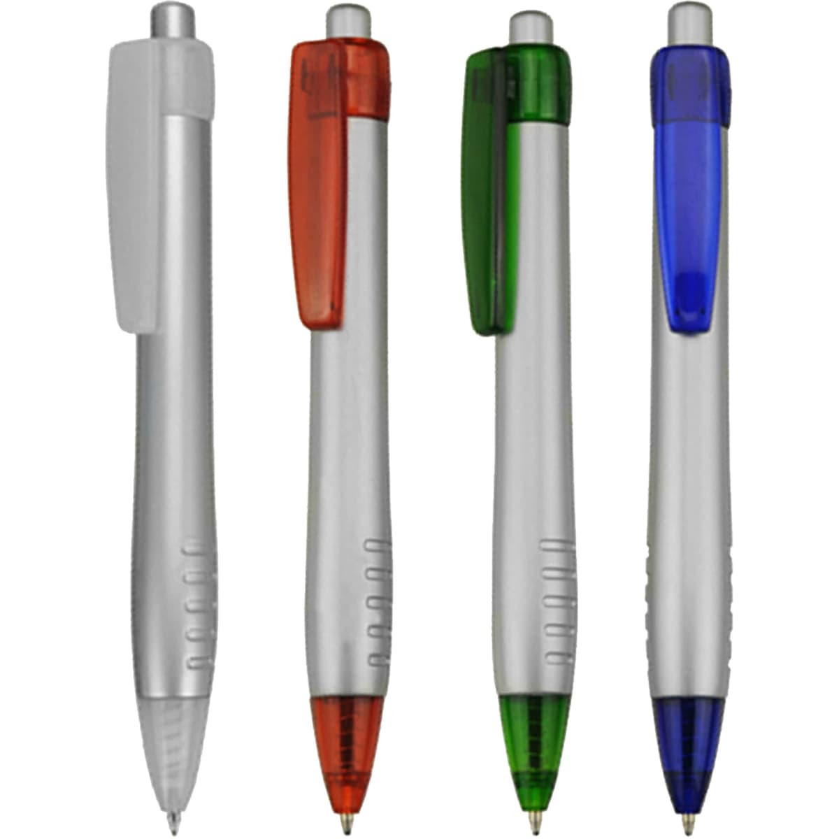 Four plastic pens in silver with coloured clips: red, green, blue, and grey. Each pen features a logo.