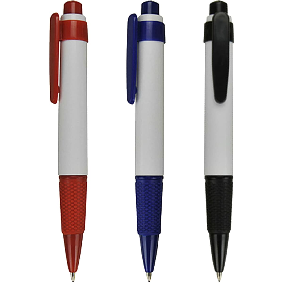 A set of plastic pens in red, blue, and black, featuring grip sections and clips, with a logo on each.
