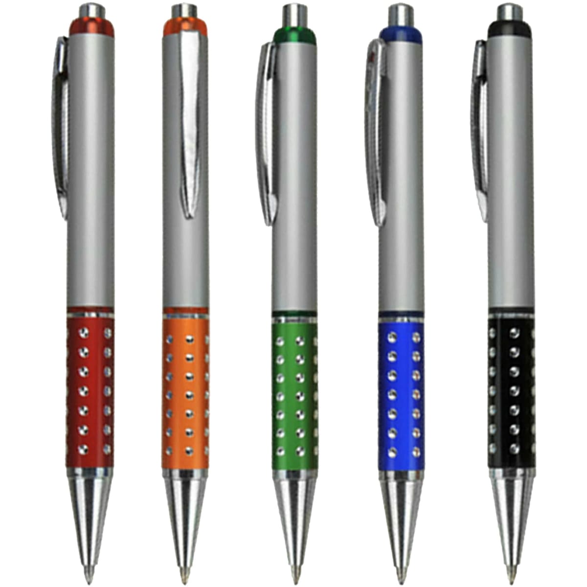 Five plastic pens in various colours: red, orange, green, blue, and black, with silver accents and a logo.