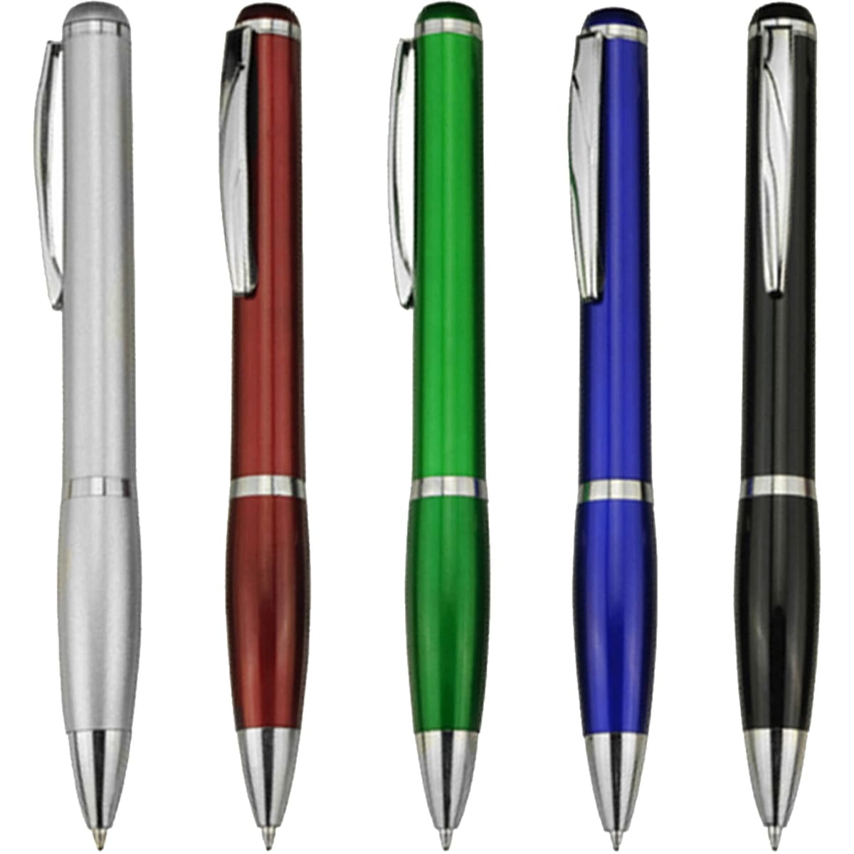 A set of five plastic pens in silver, red, green, blue, and black, each featuring a clip and silver accents.