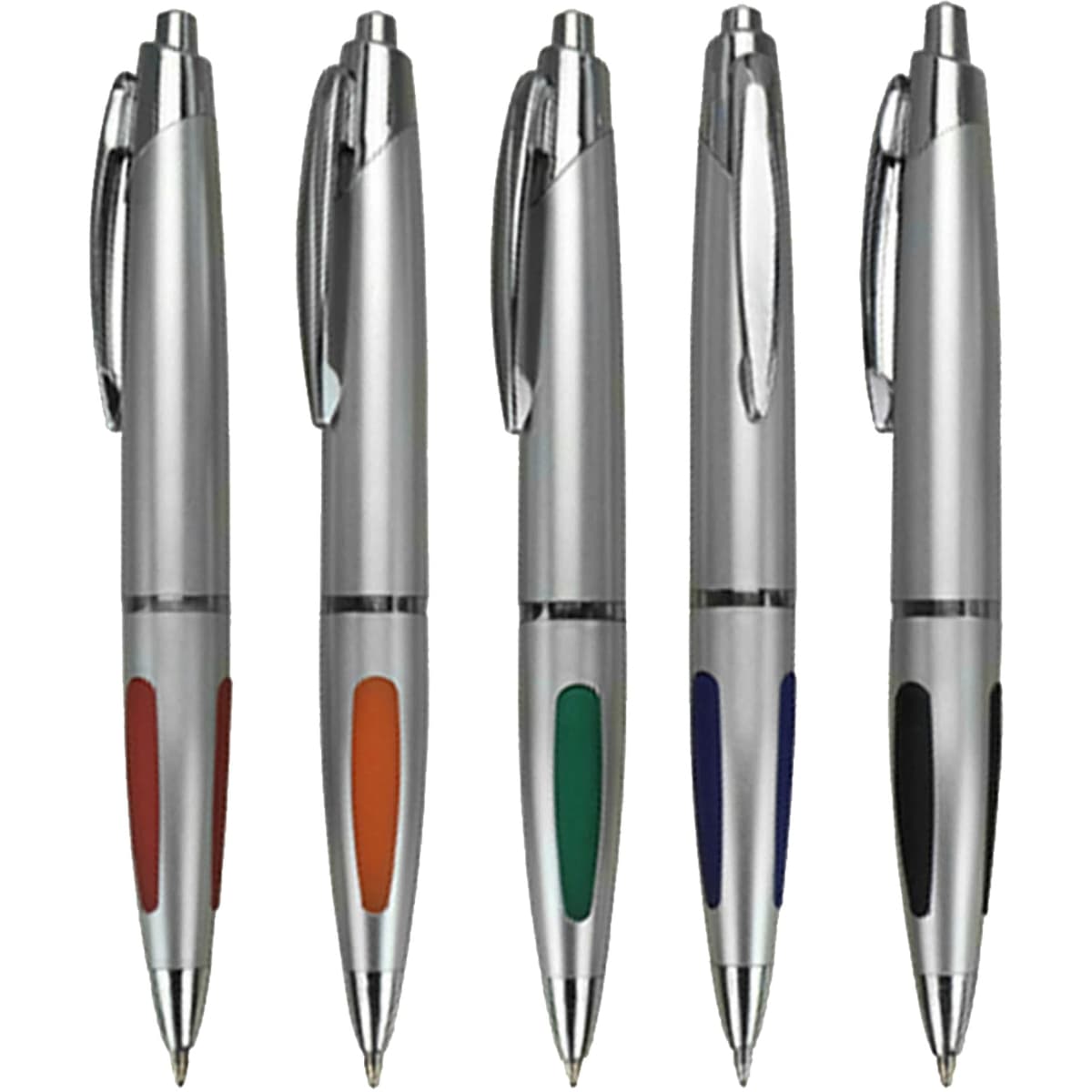 A set of five plastic pens in silver, featuring coloured grips in red, orange, green, blue, and black. Each pen has a logo.