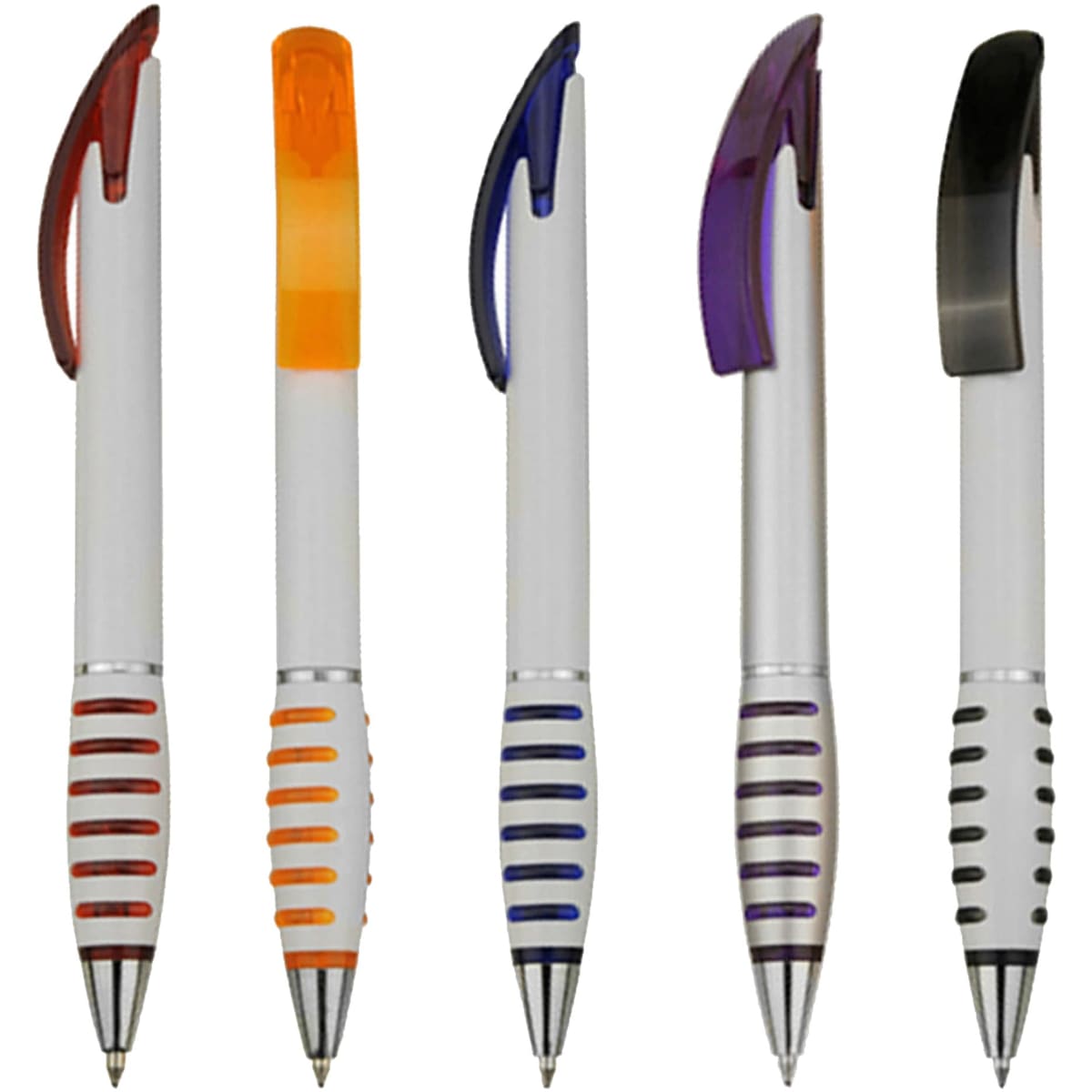 A selection of plastic pens in red, orange, purple, and black, featuring a white barrel and grip designs.