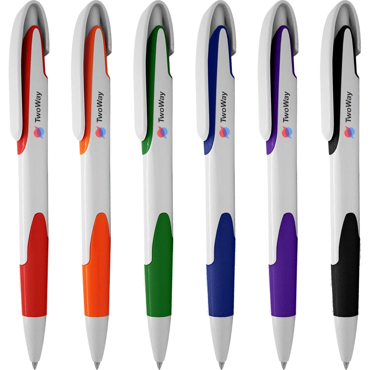 Six plastic pens in white with coloured accents, featuring orange, green, black, purple, and red. Each pen has a logo.
