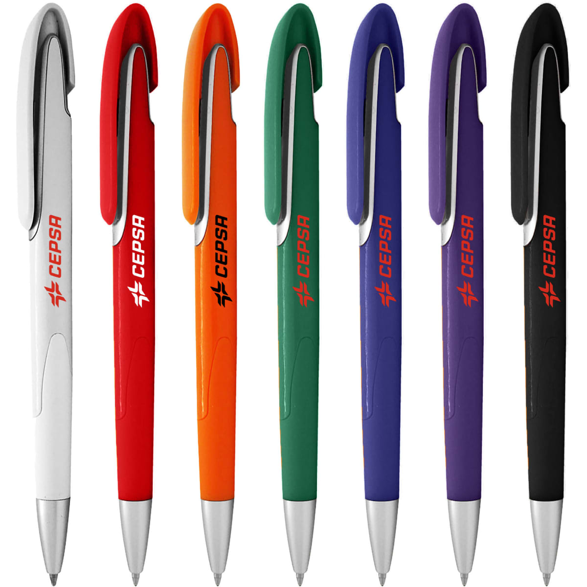 A selection of plastic pens in white, orange, green, purple, and black, featuring various logos.