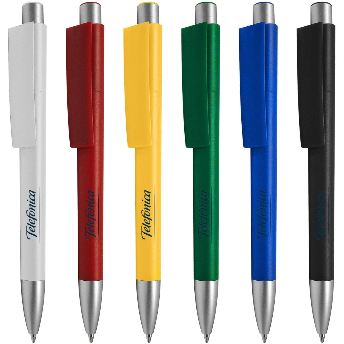 A collection of plastic pens in white, red, yellow, blue, green, and black, each with a silver clip and logo.