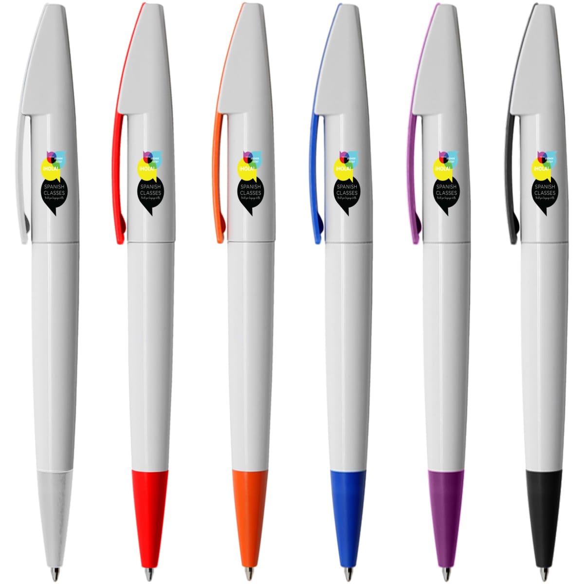 A collection of plastic pens in white, featuring caps in orange, red, blue, purple, and black, with branding on each.