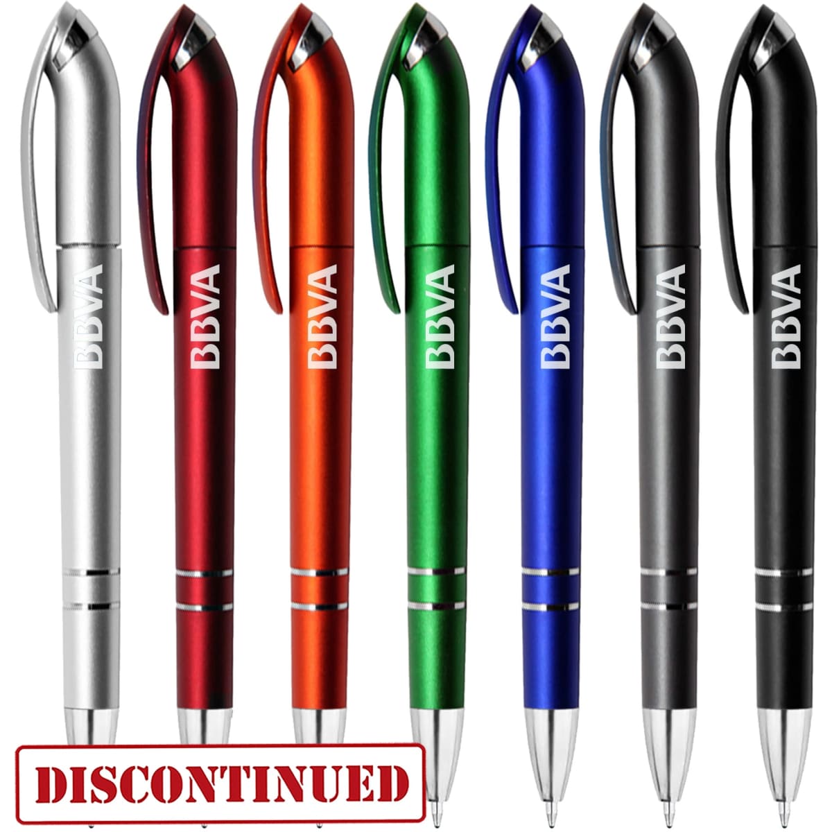 A set of metallic plastic pens in silver, red, green, blue, and black, featuring a logo on each.