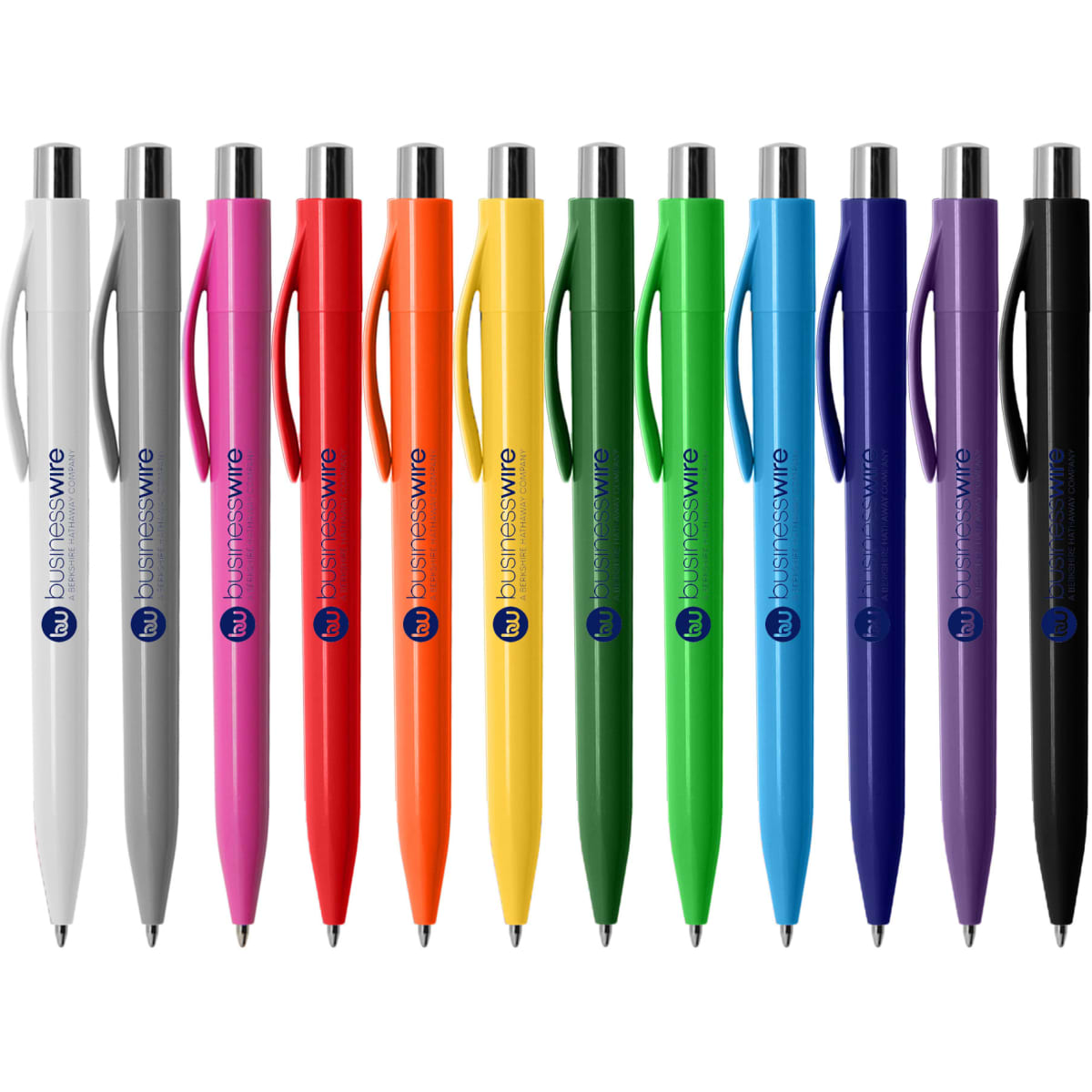 A collection of plastic pens in white, grey, red, orange, yellow, green, blue, and purple, featuring a logo.