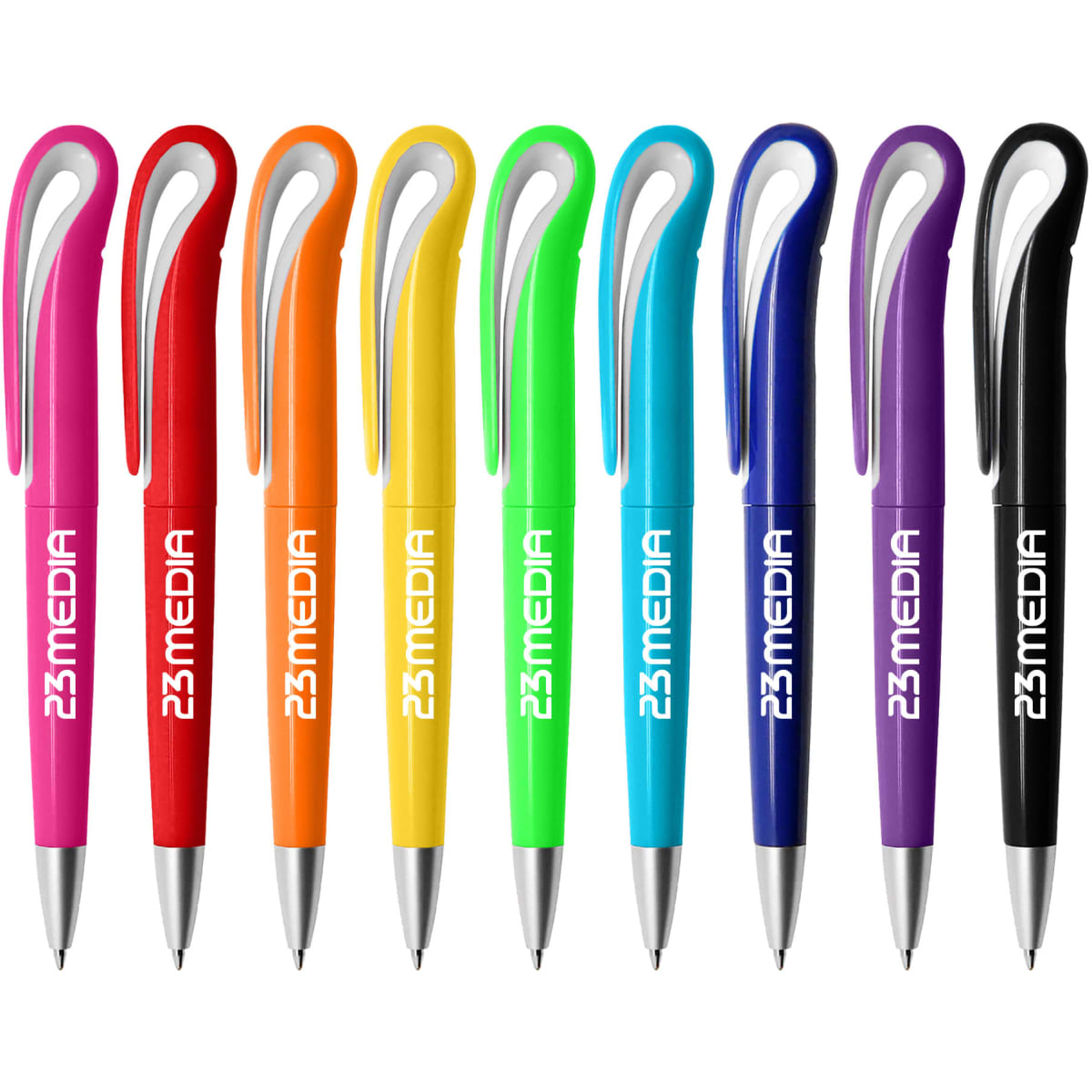 A collection of plastic pens in red, orange, green, yellow, blue, purple, and black with a logo design.