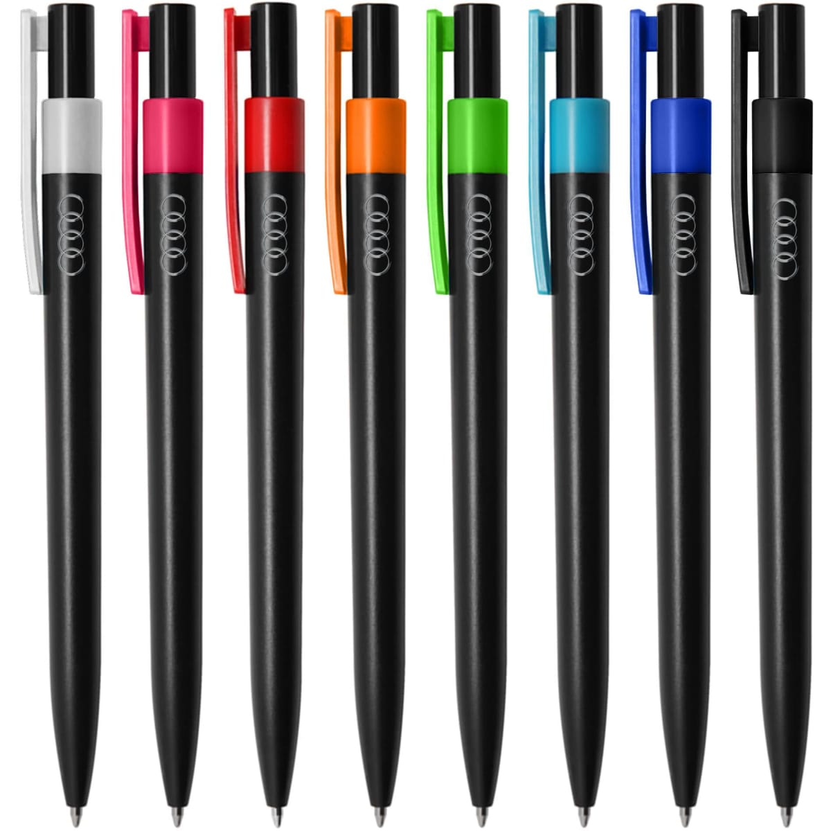 A collection of black pens with various coloured clips: pink, orange, green, blue, and white. Each pen has a branding logo.