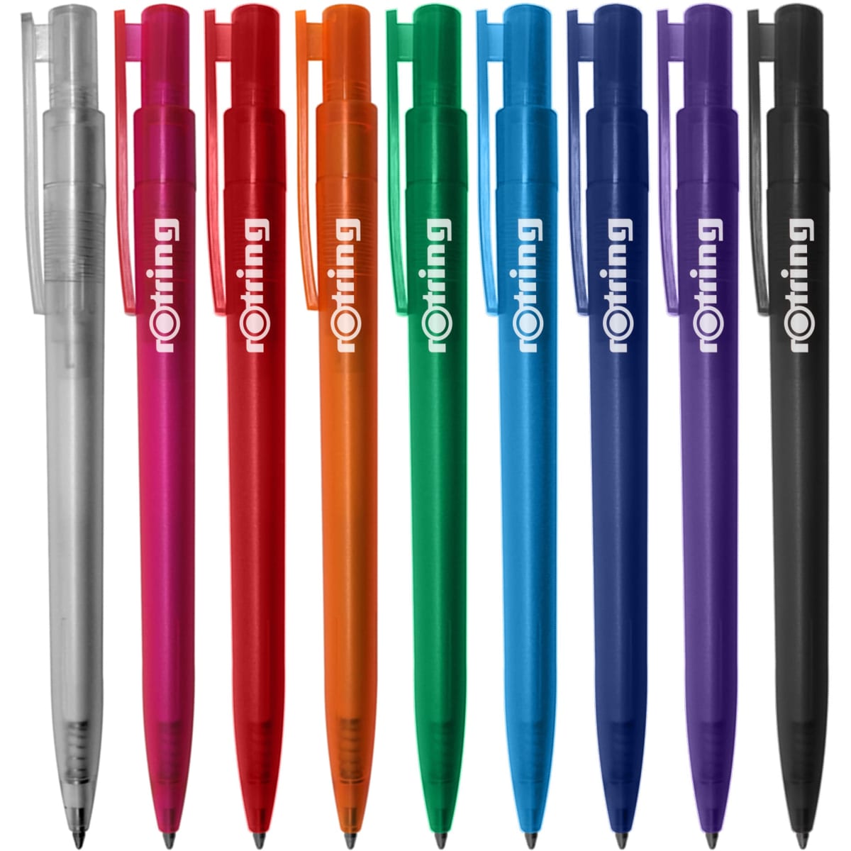 A collection of plastic pens in silver, red, orange, blue, green, purple, and black, featuring a logo on each pen.