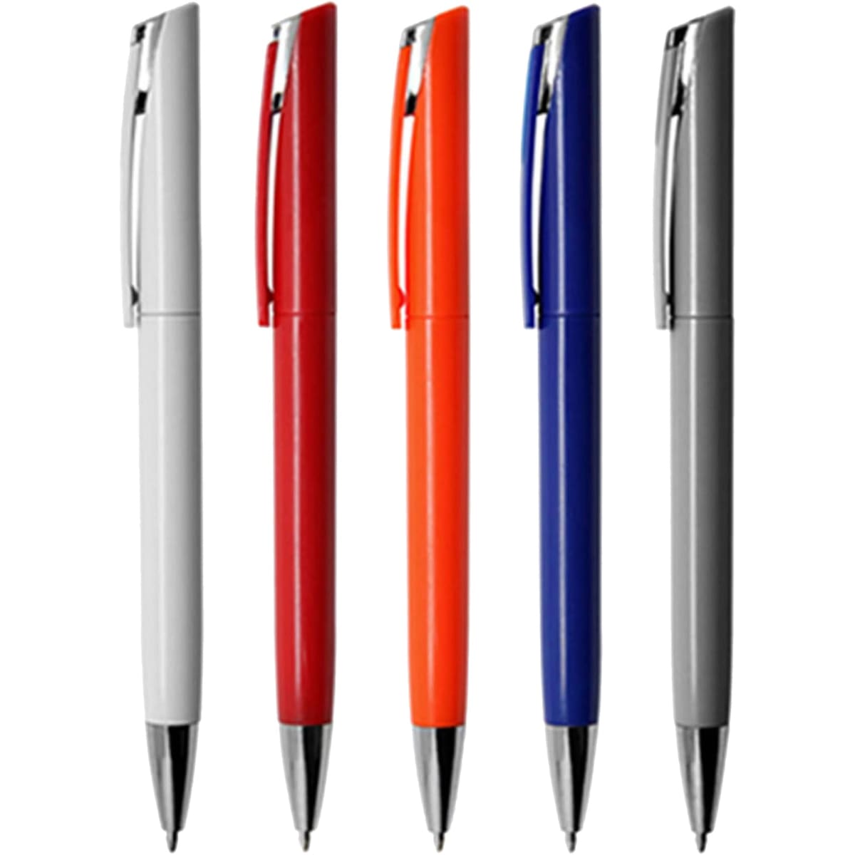 A collection of five plastic pens in white, red, orange, blue, and grey, each with a distinctive clip design.