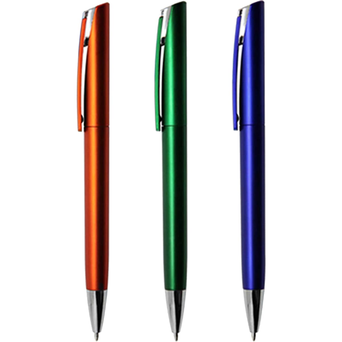 Three metallic plastic pens in orange, green, and blue, each featuring a clip and a silver-toned tip, with a logo.