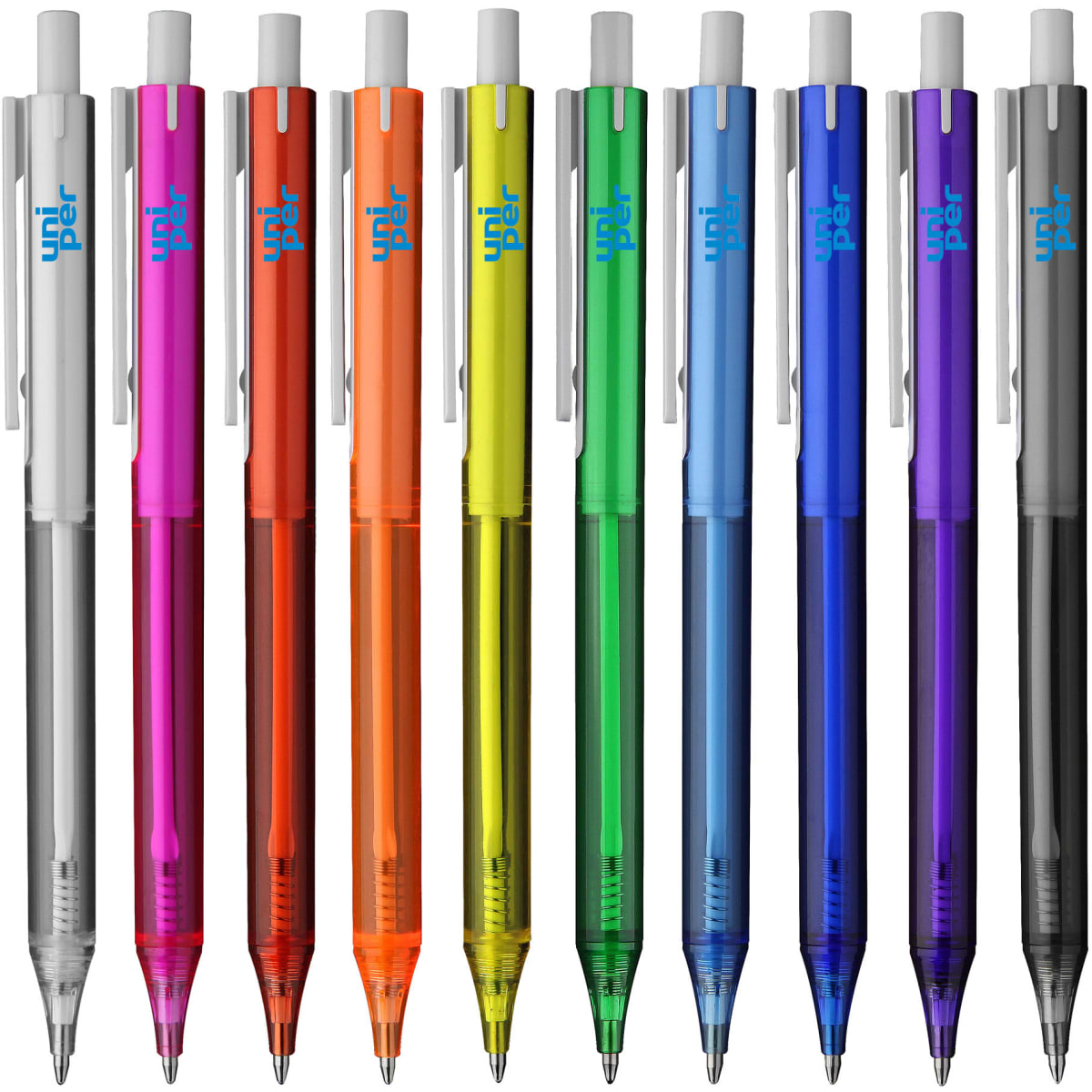 A collection of plastic pens in various vibrant colours, featuring a logo on each pen.