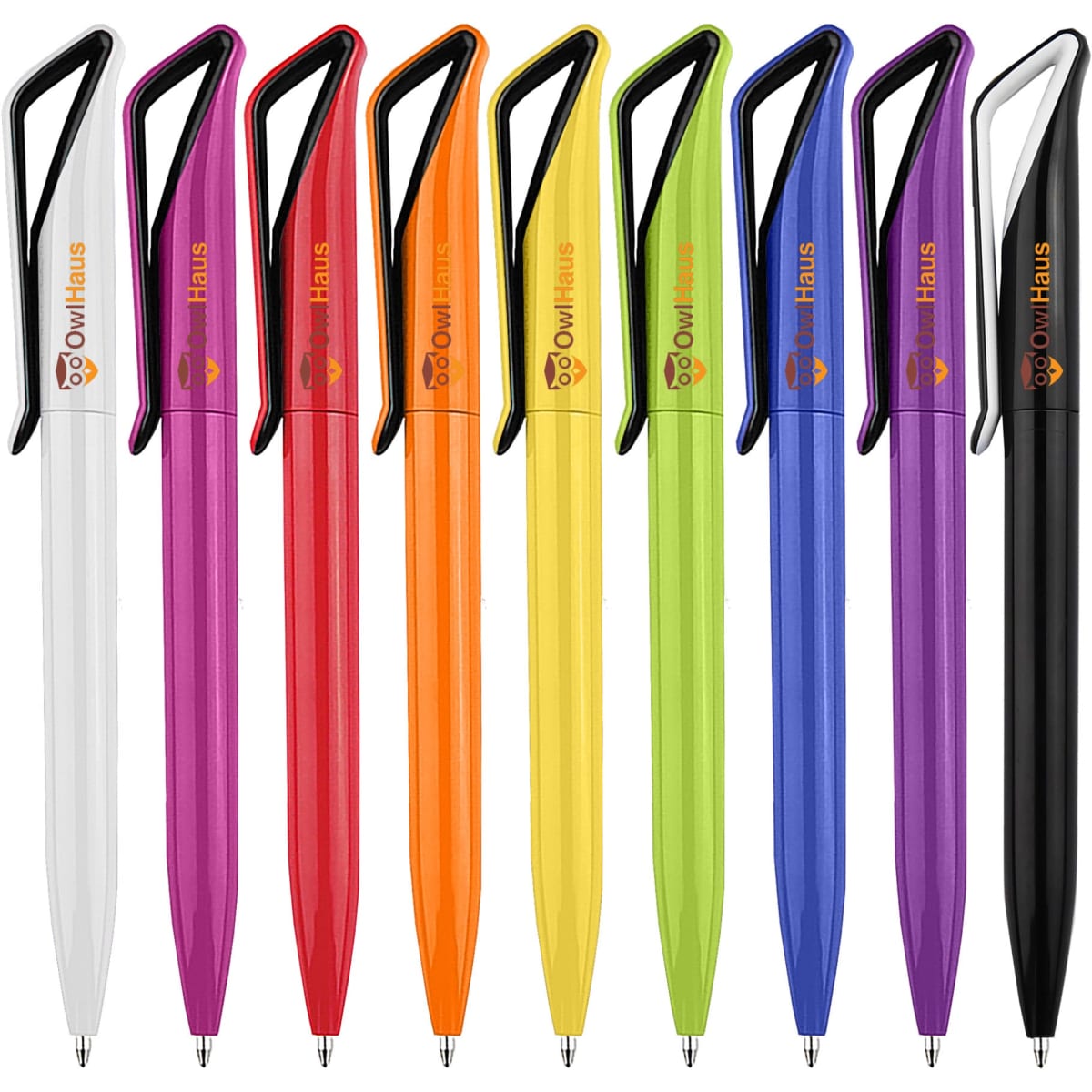 A collection of plastic pens in white, purple, orange, red, yellow, green, and black, featuring a logo on each.