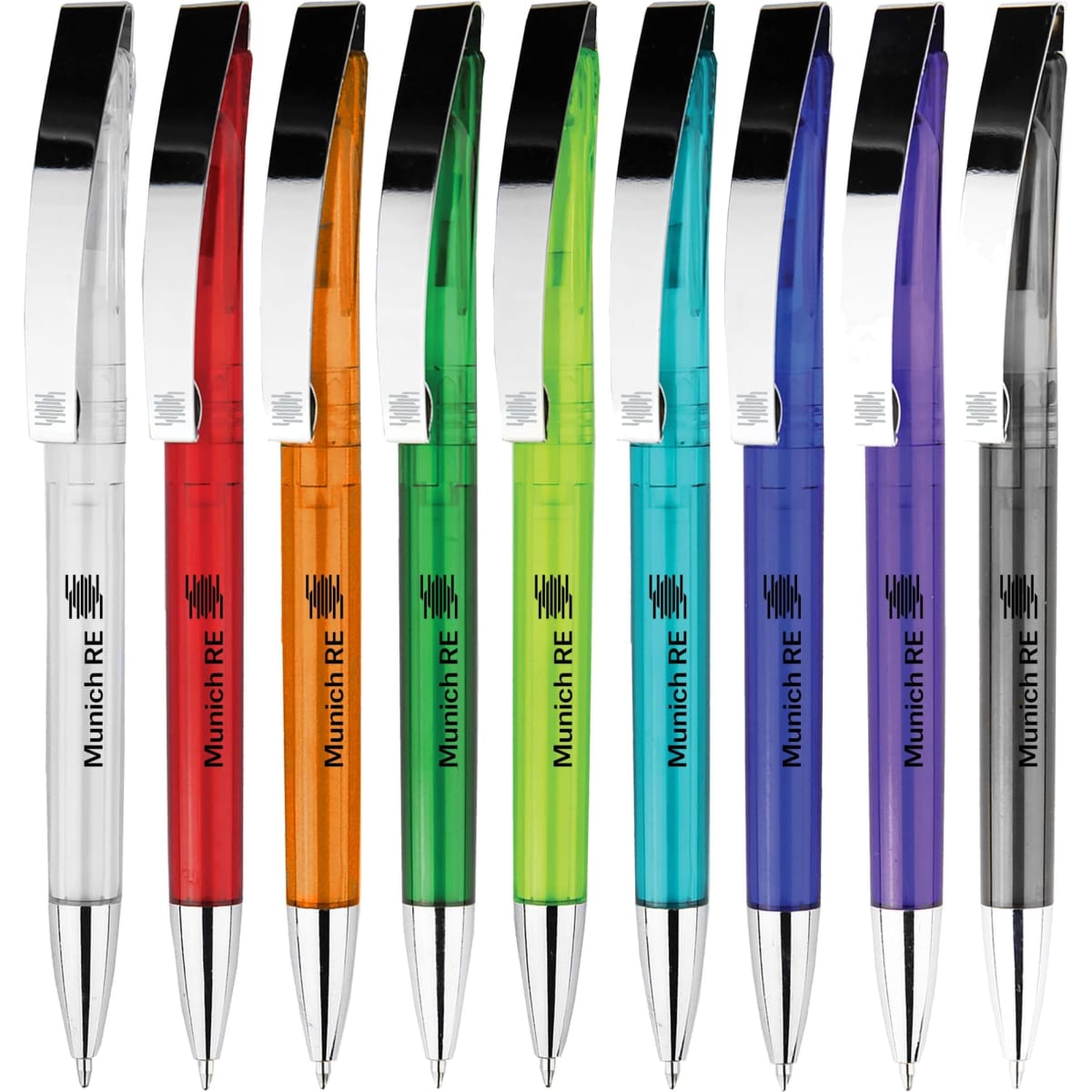 A collection of plastic pens in various colours: white, red, orange, green, blue, and purple, each with a shiny clip.