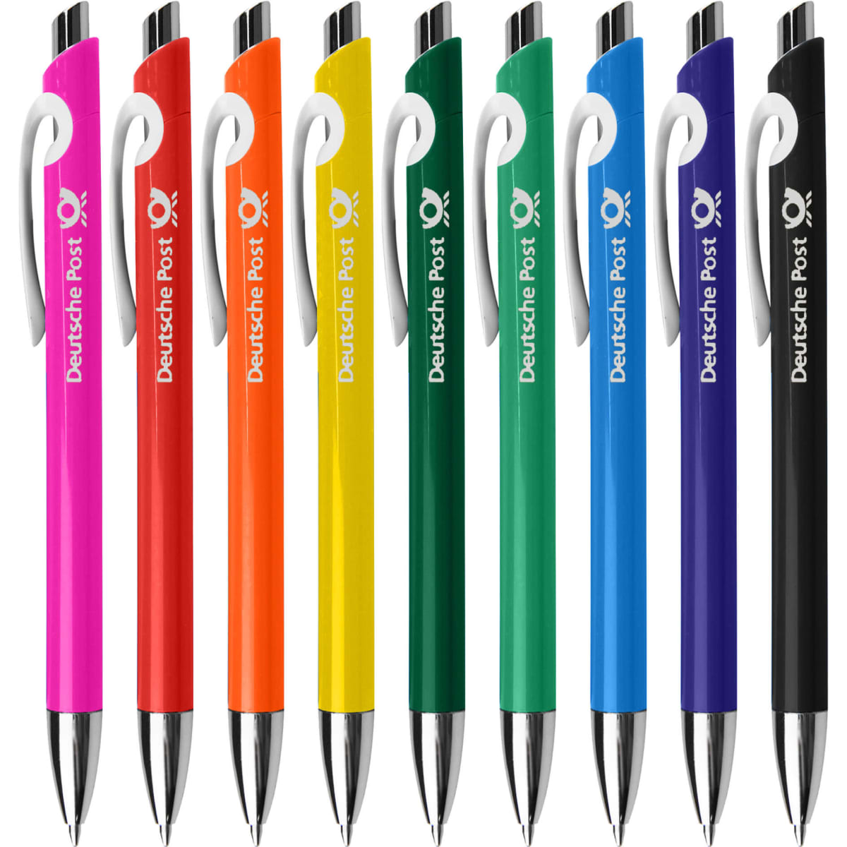 A collection of plastic pens in pink, orange, yellow, green, blue, and purple, featuring a white grip and a logo.