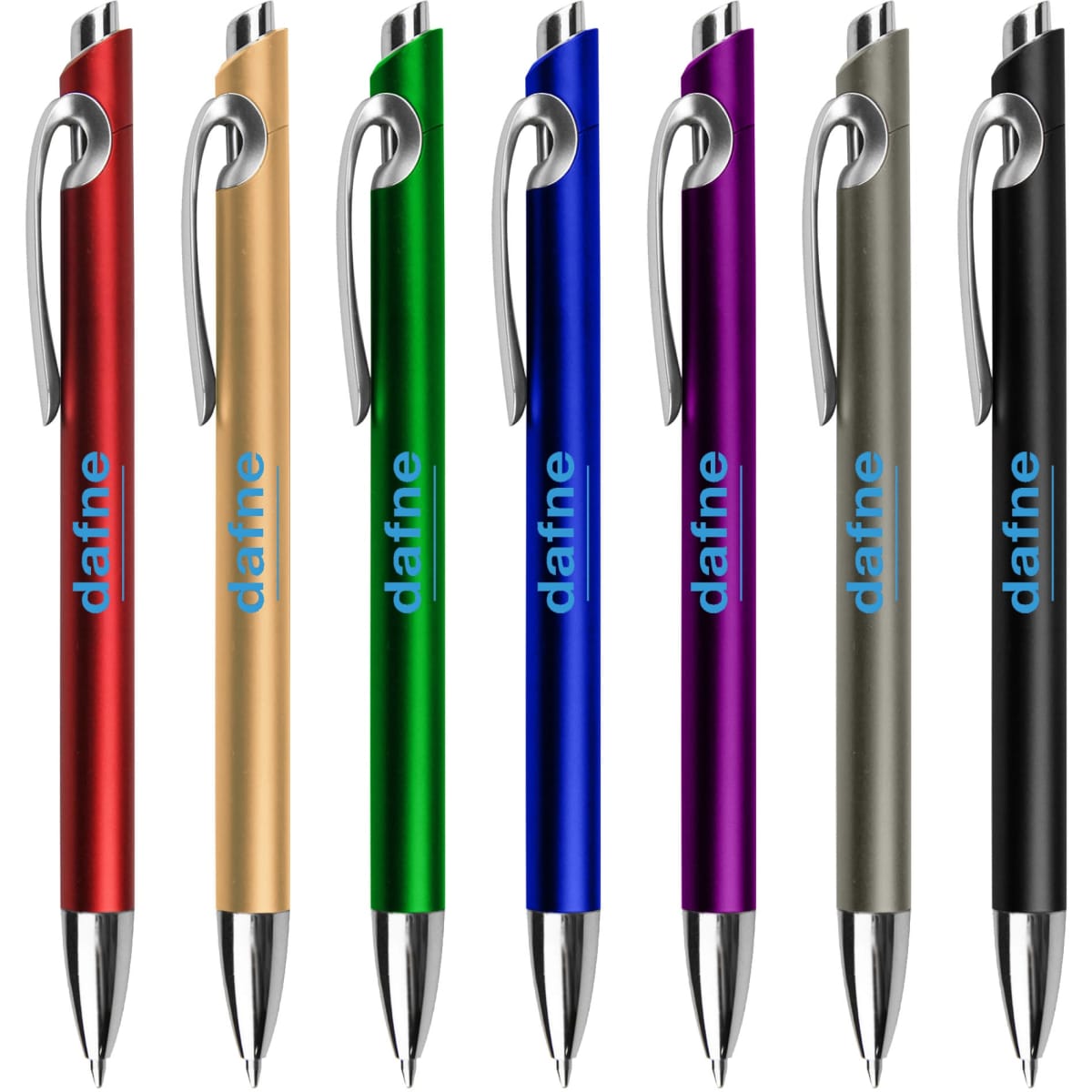 A set of plastic pens in red, gold, green, blue, purple, and silver, each with a clip and branding.