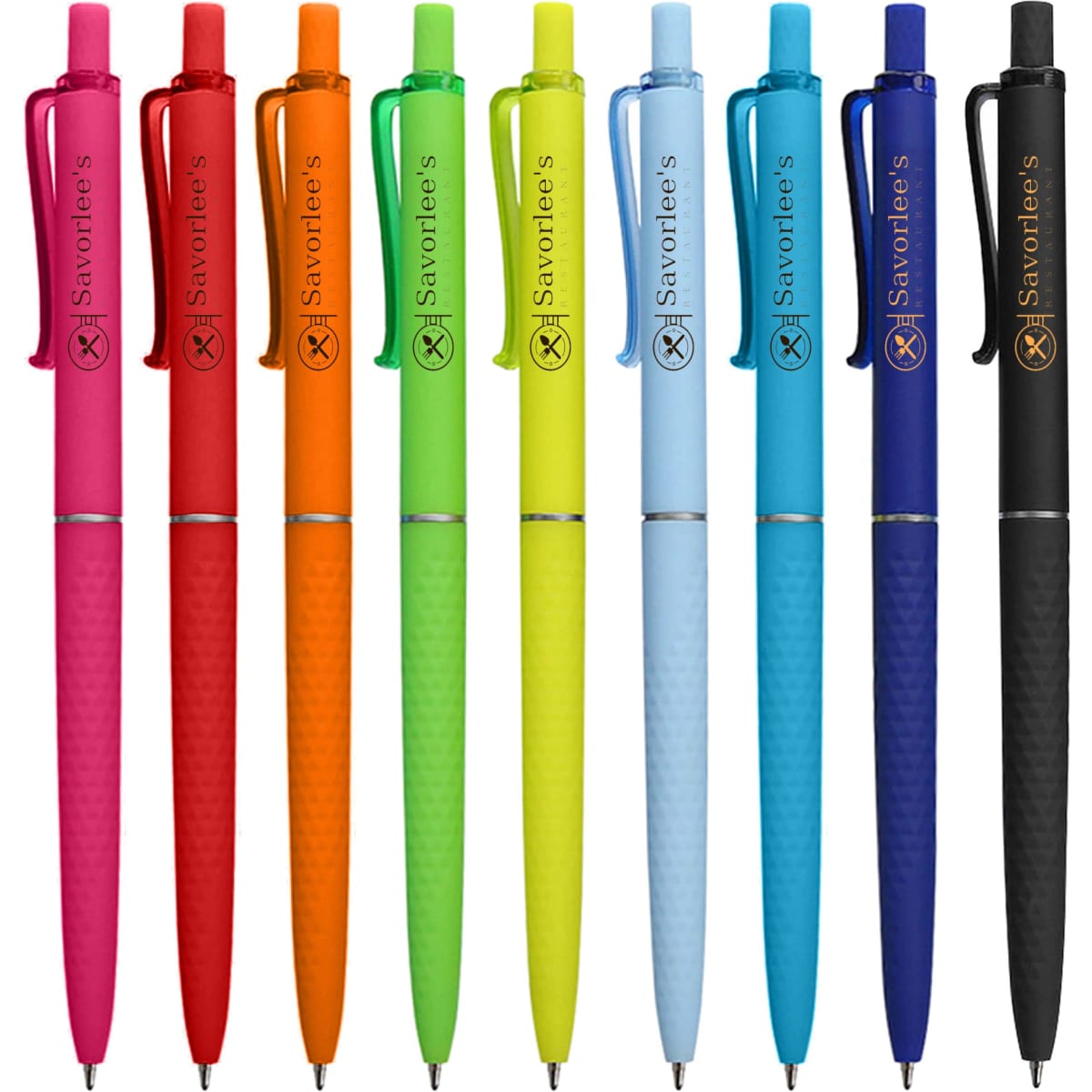 A collection of plastic pens in various colours, including pink, orange, green, yellow, blue, and black. Each pen features a clip and has a logo.