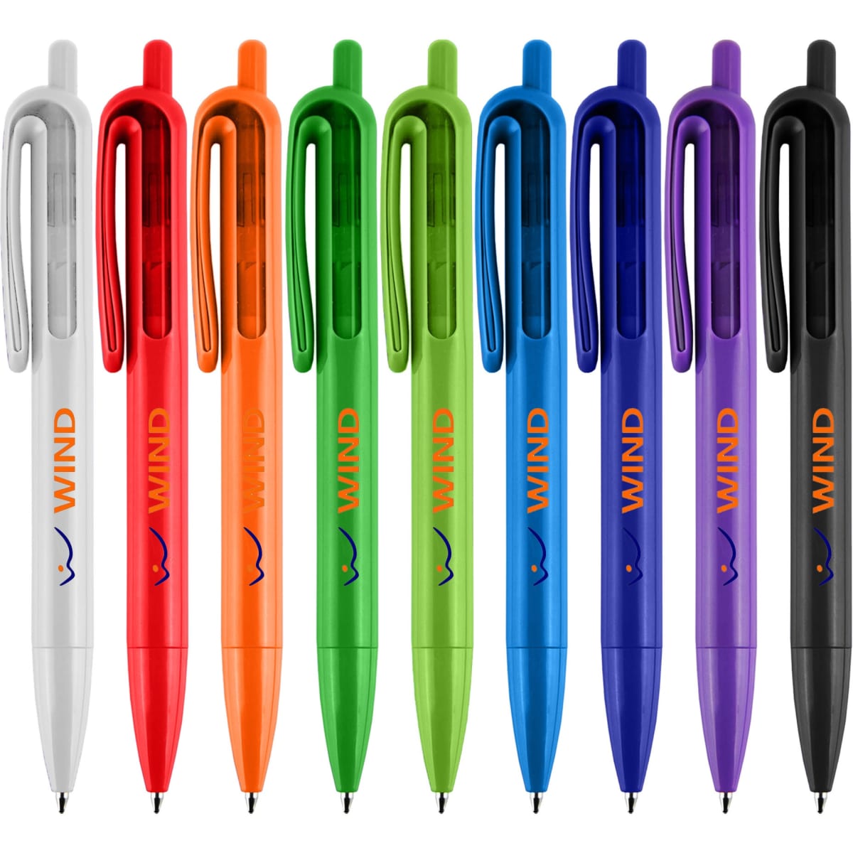 A collection of plastic pens in white, orange, green, blue, purple, and black, featuring a logo.