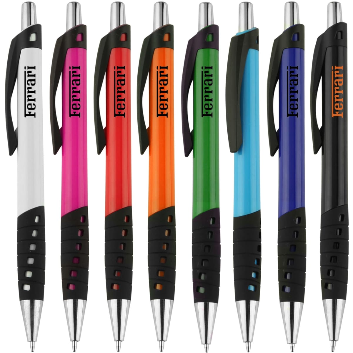 A set of plastic pens in white, pink, orange, green, blue, and black, featuring grips and logos.