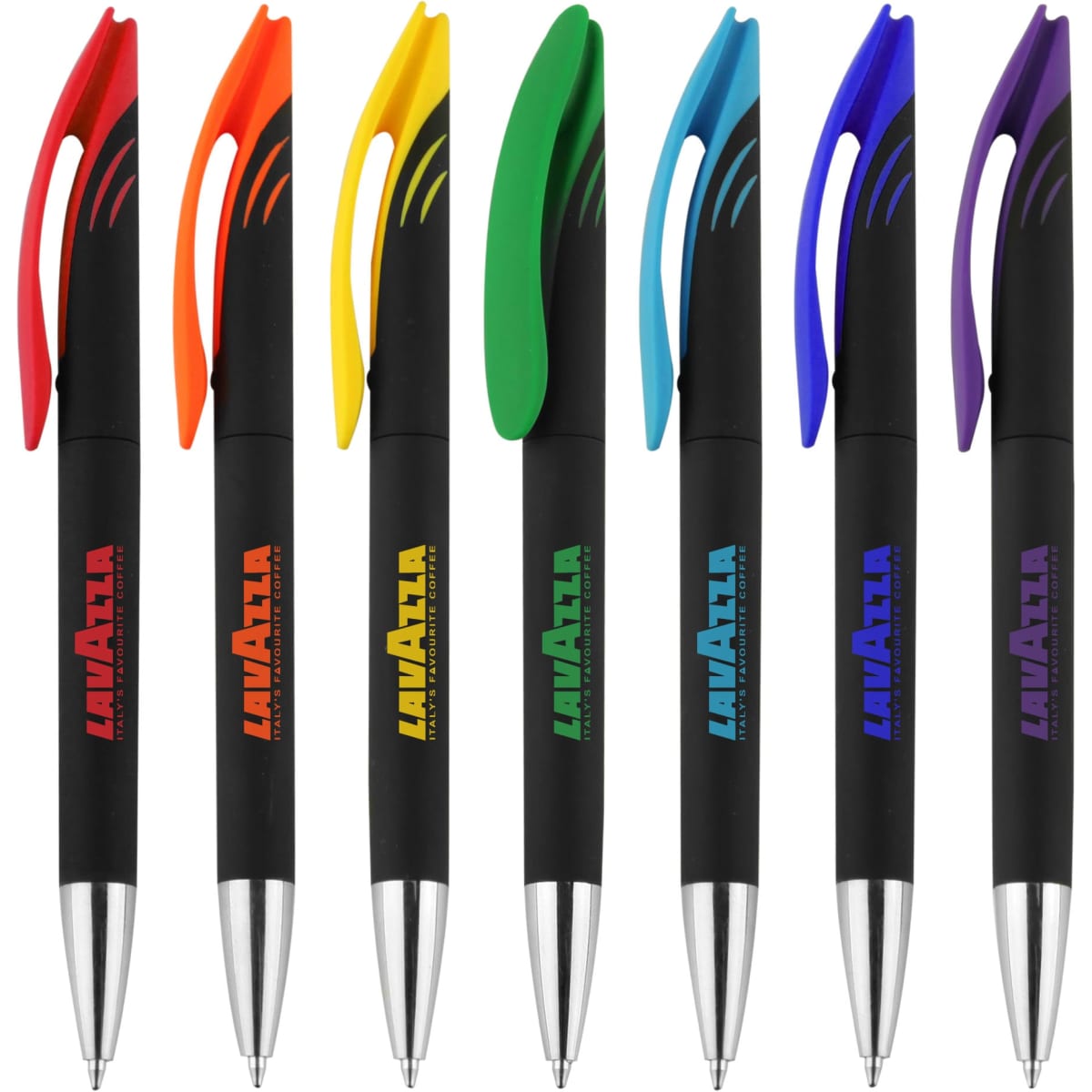 A group of Aster plastic pens in various colours, featuring black barrels and coloured accents. Each pen has a logo.