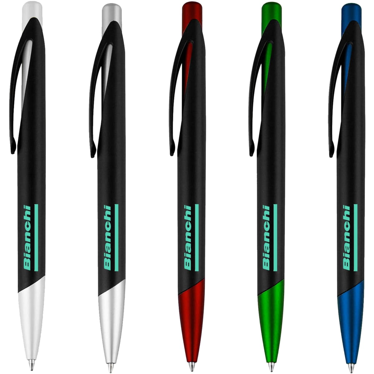A set of five plastic pens in white, red, green, and blue, featuring black grips and a logo.