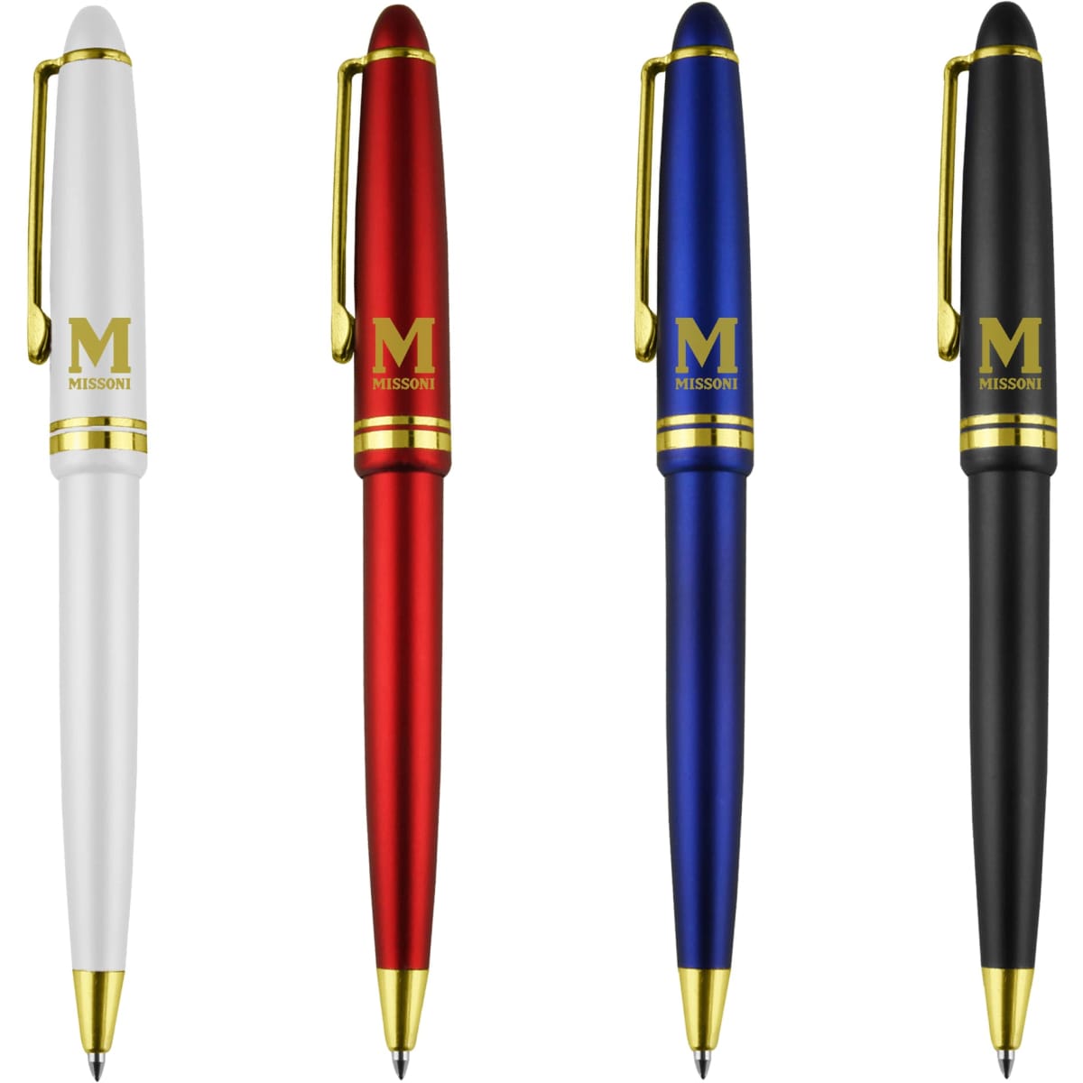 A set of four plastic pens in white, red, blue, and black, each featuring a gold logo.