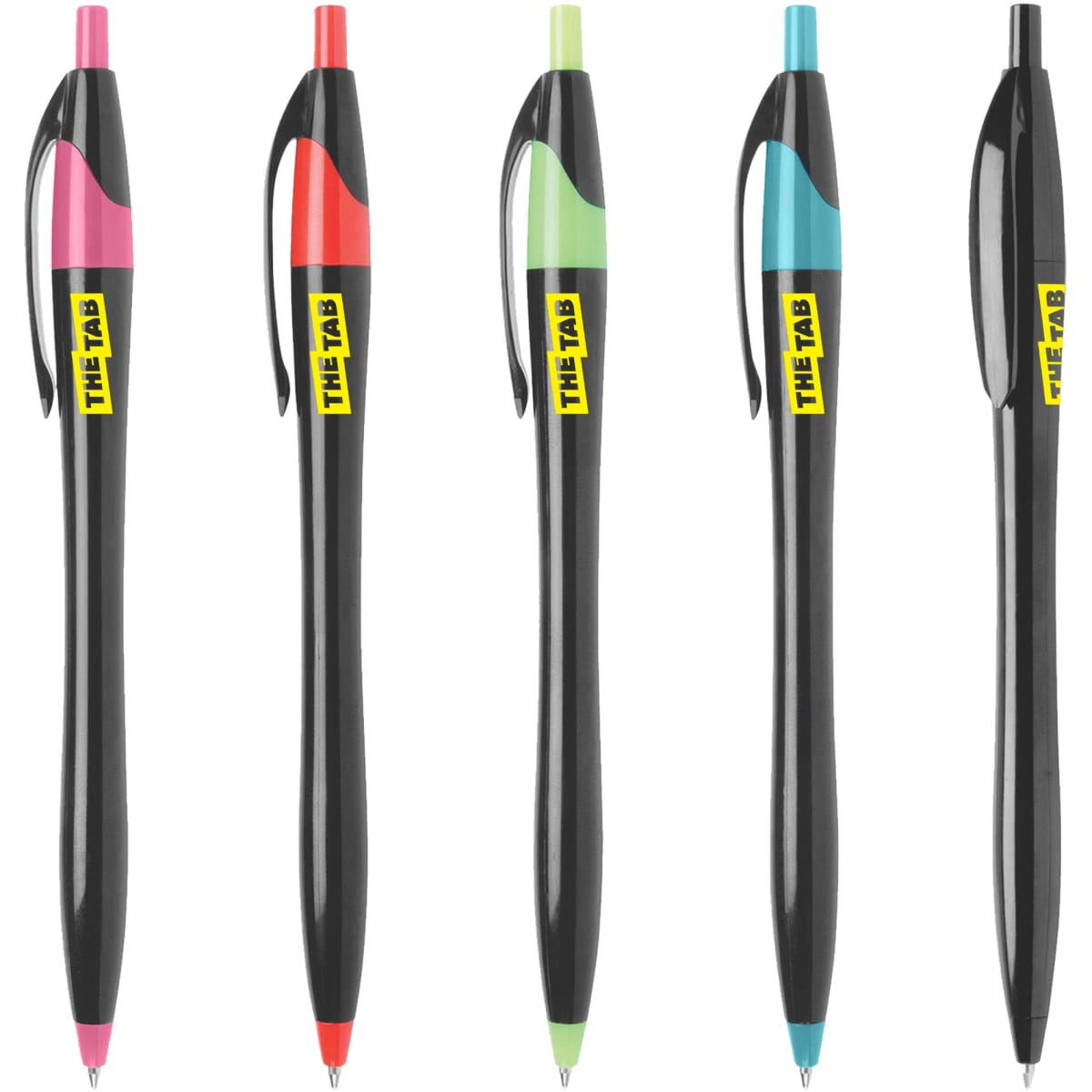 A collection of five black plastic pens with assorted coloured tops: pink, red, green, blue, and black. Each pen has a logo.