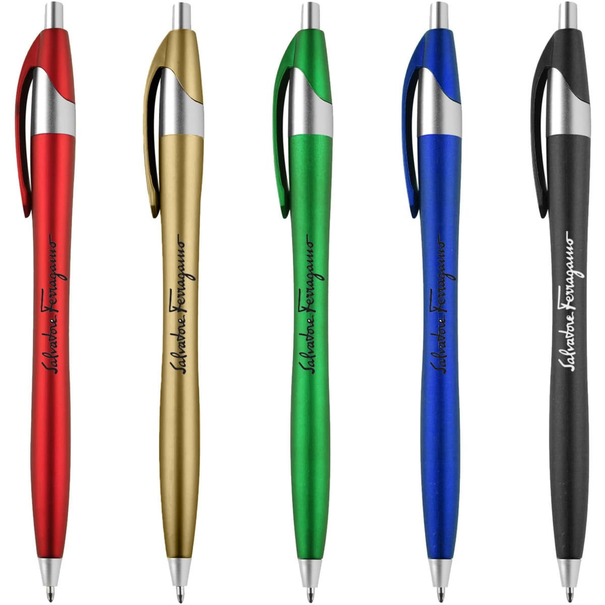 Five metallic plastic pens in red, gold, green, blue, and black, each with a clip and branding.