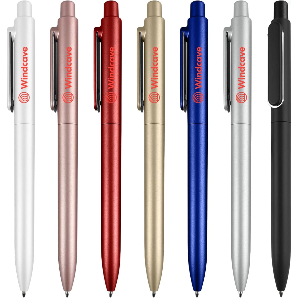 A variety of plastic pens in shades of pink, red, gold, blue, silver, and black, each featuring a logo.