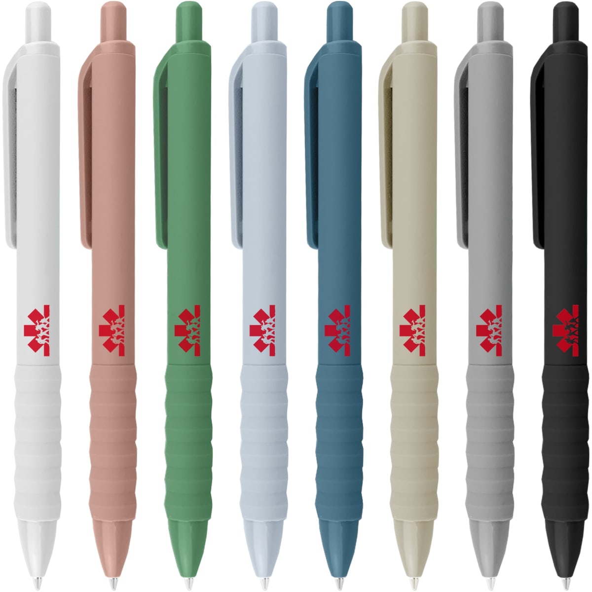 A display of plastic pens in various colours including white, pink, green, blue, and black, each with a logo.