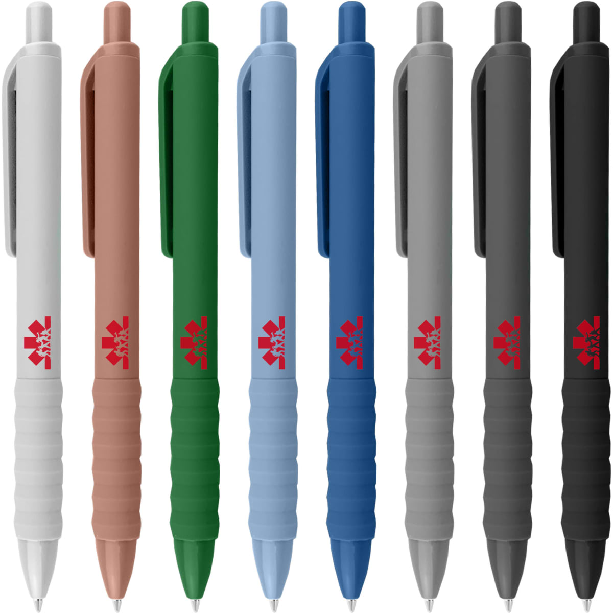 A selection of plastic pens in various colours: white, brown, green, blue, and black, featuring a branded logo.