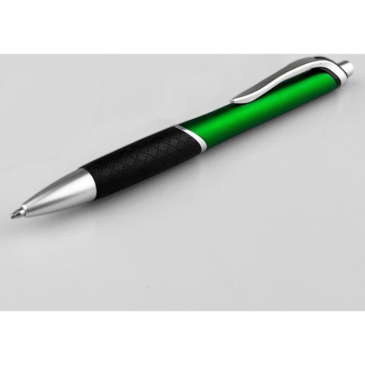 A plastic pen with a sleek green barrel, silver accents, and a textured black grip. It features a branding logo.