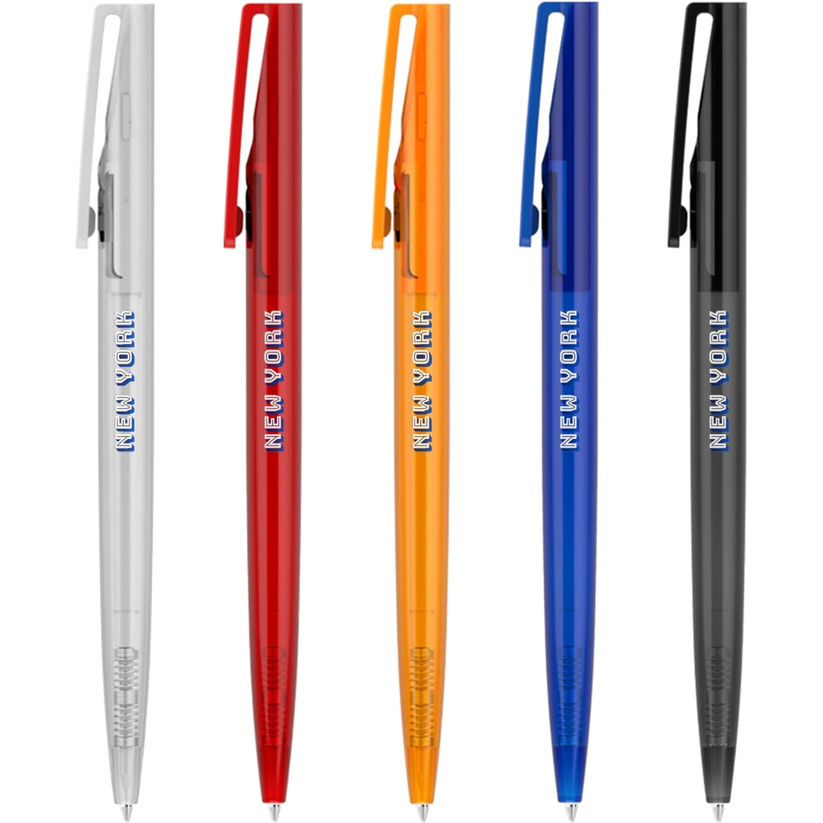 A range of plastic pens in silver, red, orange, blue, and black, each featuring a logo.