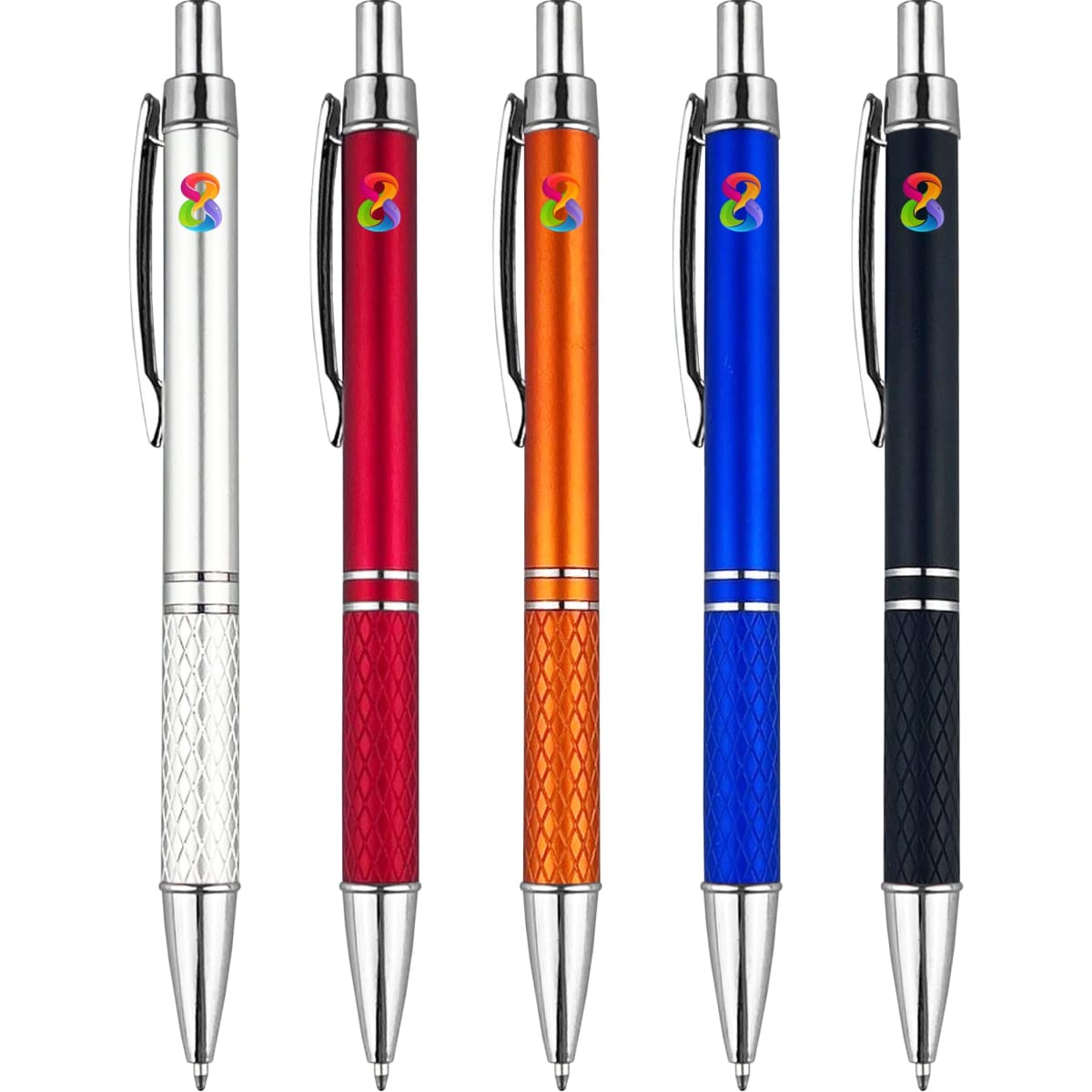 A selection of five plastic pens in silver, red, orange, blue, and black with a logo on each.