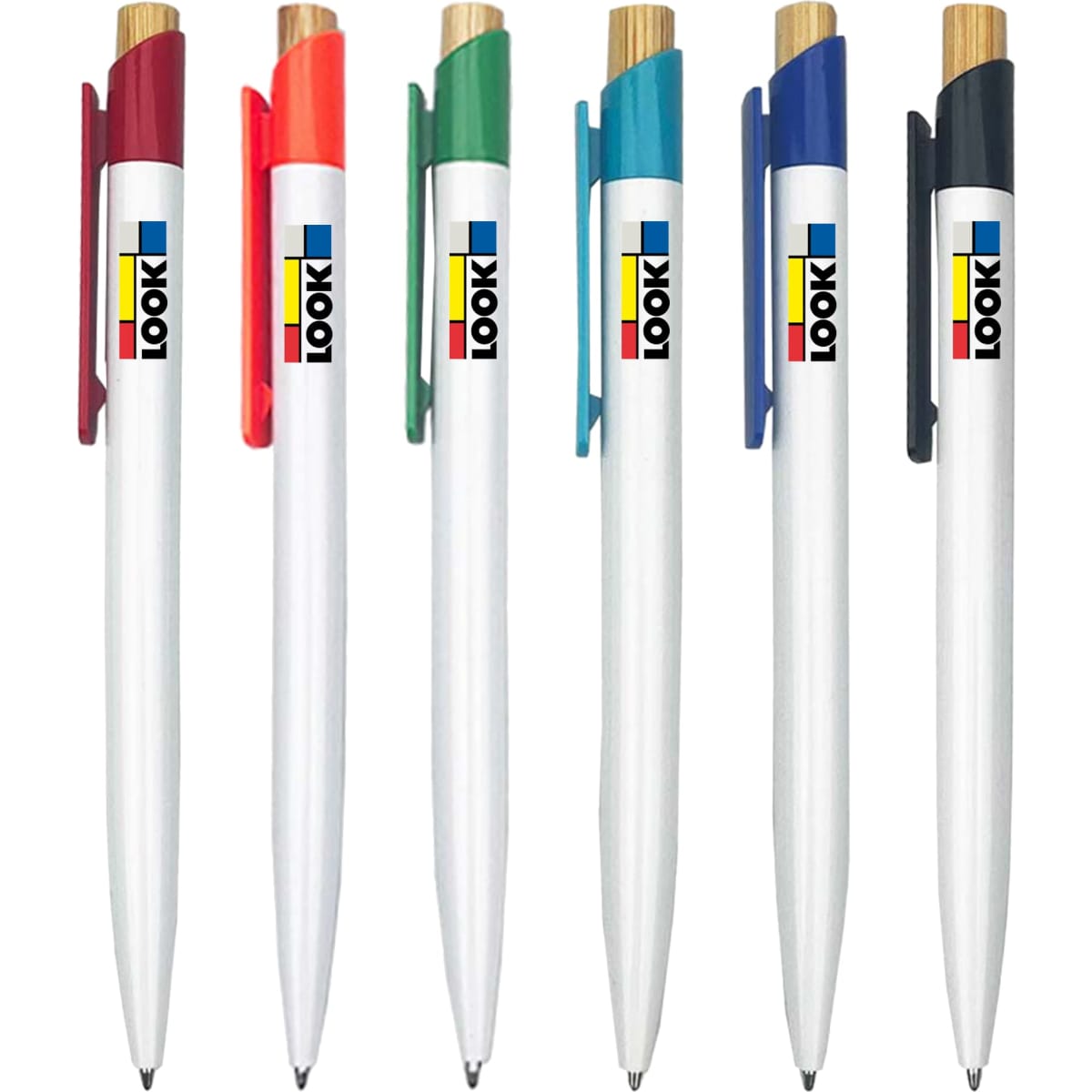 A set of six plastic pens featuring white barrels with coloured accents in red, orange, green, blue, and black, each with a clip and branding.