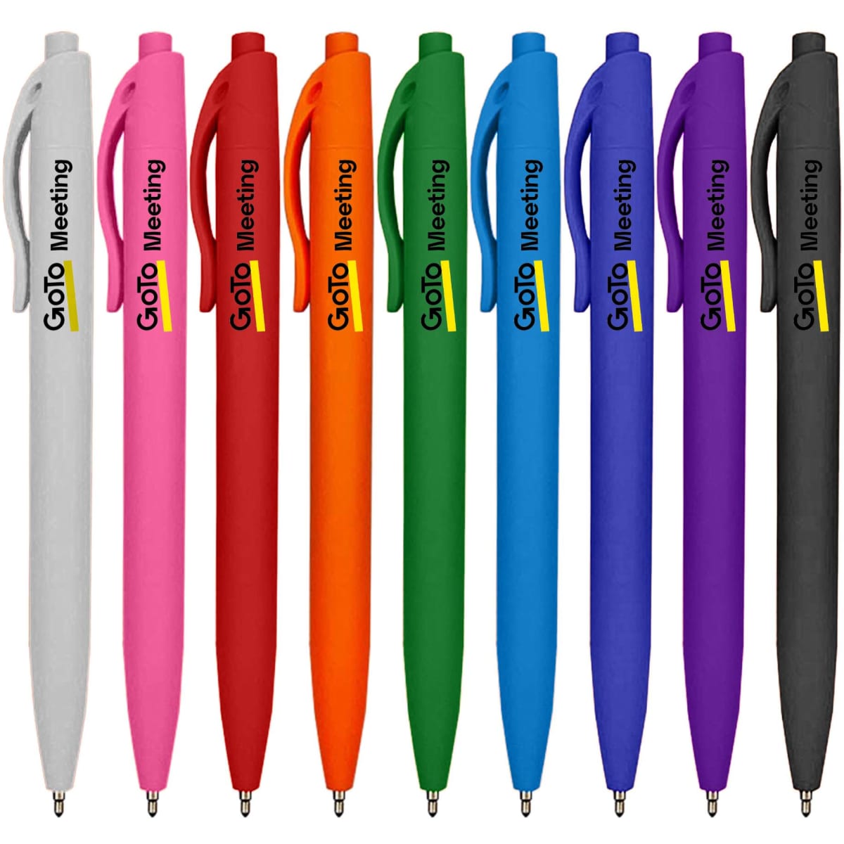 A collection of plastic pens in white, pink, red, orange, blue, purple, and black, each with a branding logo.