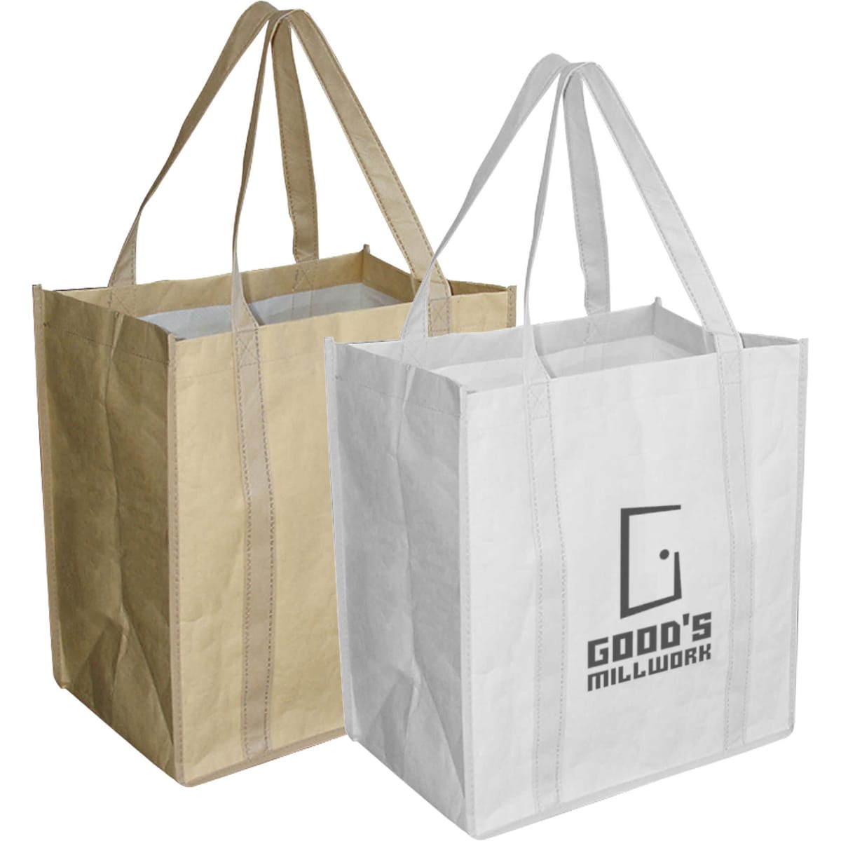 Two paper shopping bags, one in natural brown and one in white, each with a logo on the front.