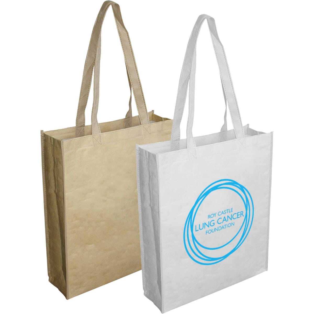 A large paper bag with gussets, featuring handles, available in brown and white colours with a logo.