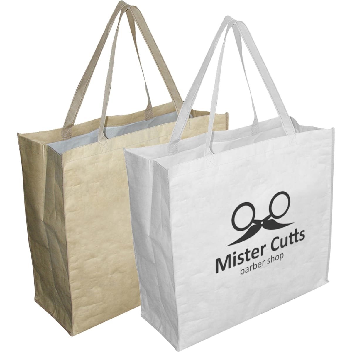 Two extra large paper bags with gussets, one in gold and one in white, both featuring a logo on the front.