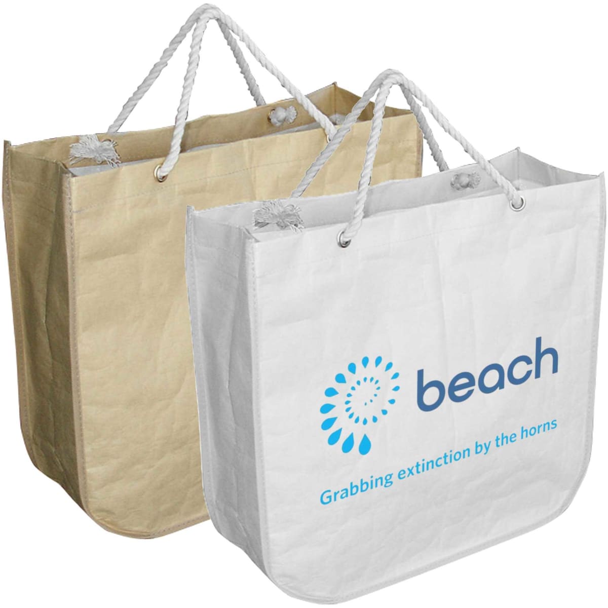 Two paper bags with round corners, one beige and one white, featuring a logo on the front. Both have rope handles.