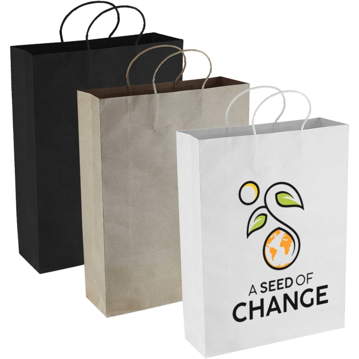 Three paper shopping bags in black, brown, and white, featuring a logo on the white bag.