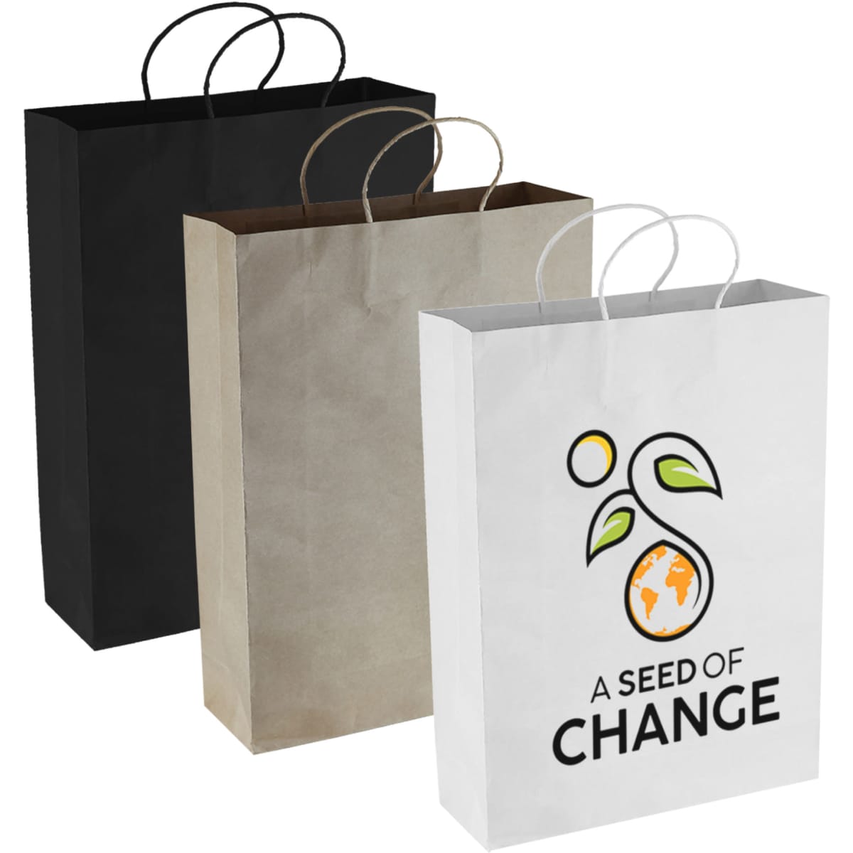 A set of three Paper Kraft shopping bags in black, brown, and white, featuring a logo on the white bag.
