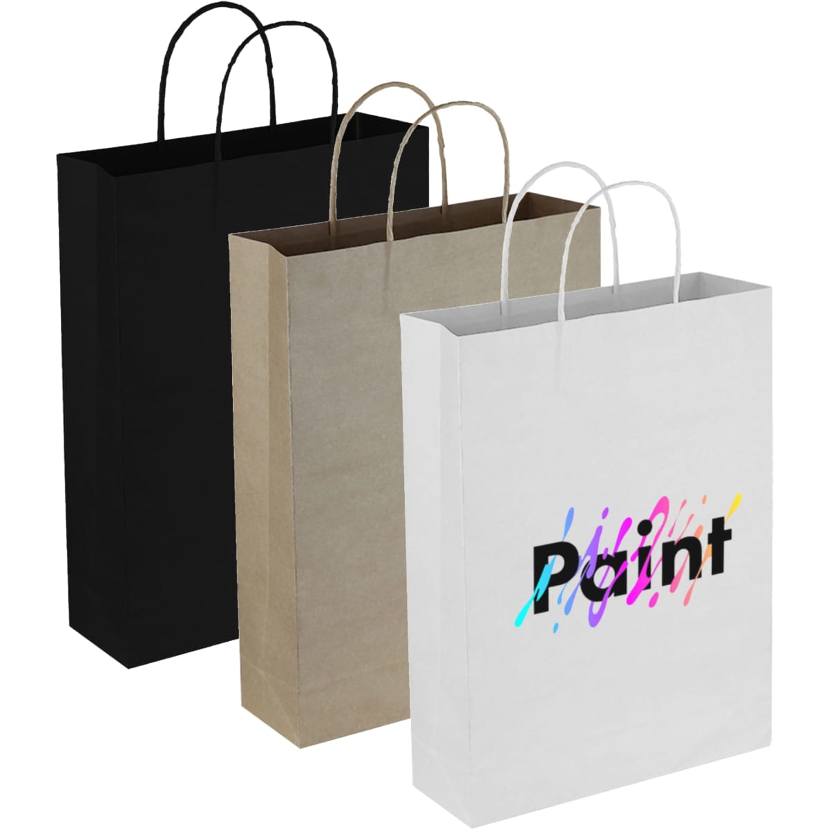 A set of three paper bags in black, brown, and white, featuring handles and one with a printed design.