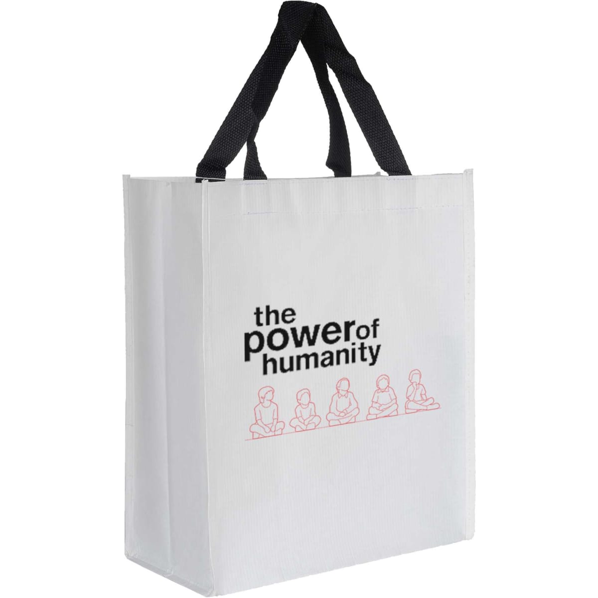 A white paper bag with black handles and a logo featuring four seated figures in pink, with text.