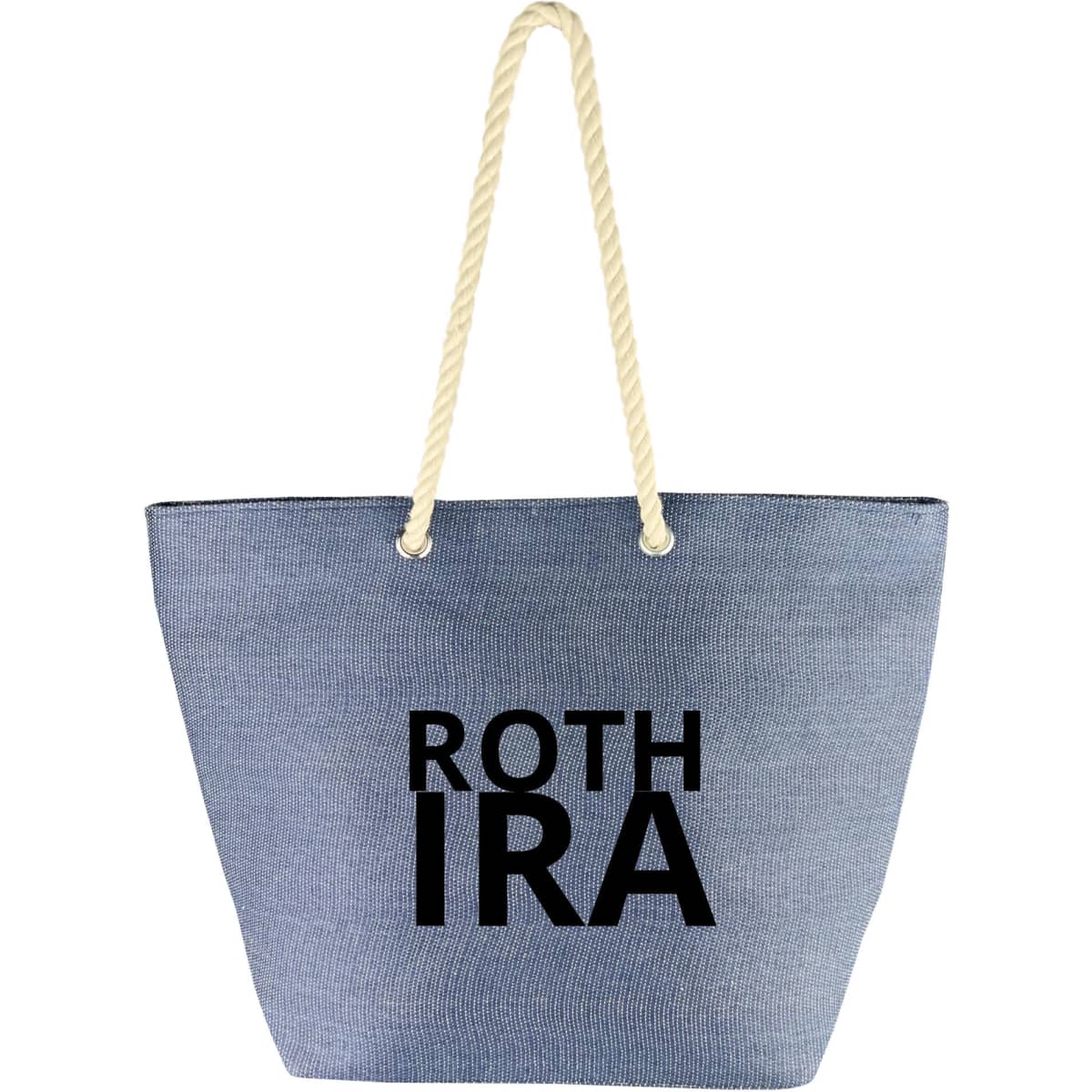 A blue kraft paper tote bag with rope handles featuring a logo.